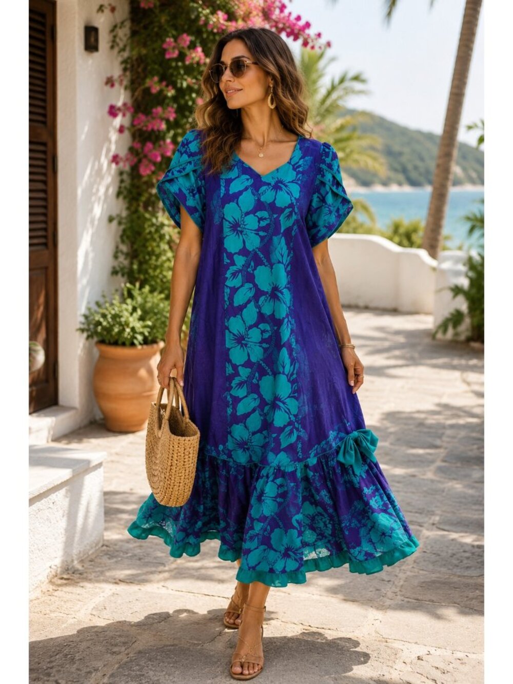 Vintage T&L Muumuu Factory Hawaii Dress Purple Teal Floral Cotton Ruffle Puff